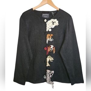 Vintage Michael Simon Novelty Black Embellished Puppy Knit Cardigan Size XL NEW